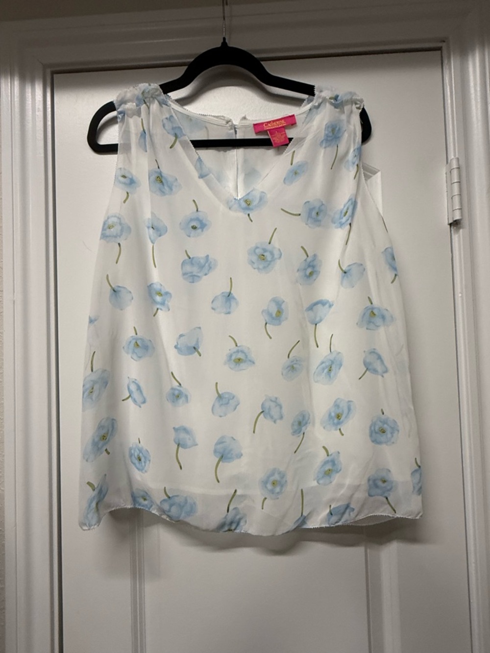 Catherine Malandrino White Blue Floral Sleeveless Blouse Top Large